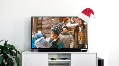 Santa hat hanging on the TV