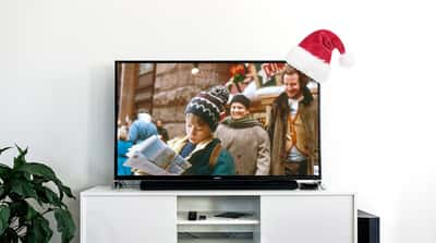 Santa hat hanging on the TV