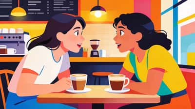 Kaksi ystävää kodikkaassa kahvilassa käyvät kiinnostavan keskustelun kiinnostunein ilmein ja kahvikuppien kanssa