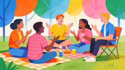 Monimuotoinen ystäväryhmä käy eloisa keskustelu rennossa ulkoilmatapaamisessa elehtien ilmeikkäästi