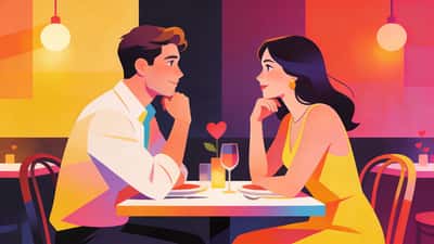 Nuori mies ja nainen treffeillä käyvät syvää merkityksellistä keskustelua ravintolassa lämpimässä romanttisessa valaistuksessa