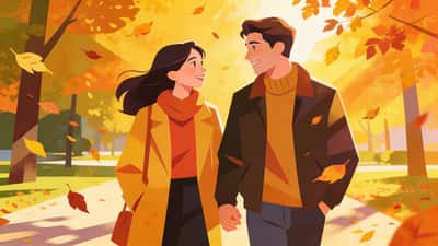 Romanttinen pari kävelee yhdessä puistossa käyden sydämellistä keskustelua syksyn lehtien putoillessa ympärillä