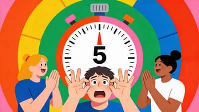 Person panicking and counting on their fingers under time pressure while friends count down excitedly with a colorful countdown timer