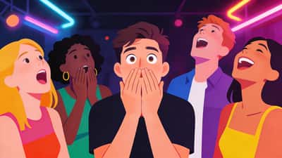 Young adults at a dimly lit party with neon lights, one person covering their mouth in embarrassment after blurting something naughty while friends gasp and laugh