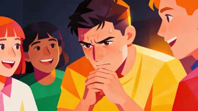 Person with an intense focused expression trying hard to think while sweating nervously as friends watch with anticipation