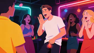 Молоді дорослі на тьмяно освітленій вечірці з неоновими вогнями, одна людина робить натяклий жест шарад поки інші ахають та сміються