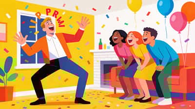 Доросла людина робить кумедно безглузду позу зображуючи слово поки друзі згинаються від сміху на домашній вечірці