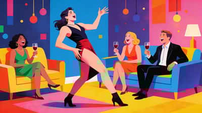 Дорослі на коктейльній вечірці грають у шаради, одна людина робить драматичну позу поки інші сміються з келихами вина