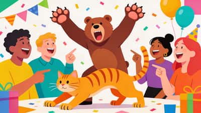 Person doing an exaggerated animal impression during charades while friends laugh and try to guess the animal at a colorful party