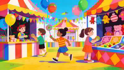 Children at a colorful carnival playing fun games at booths with balloons and streamers