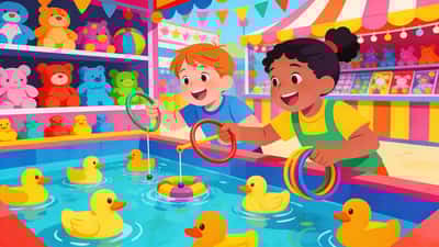 Kids playing ring toss and duck fishing games at a vibrant carnival booth with prizes