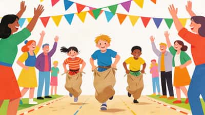 Children doing a sack race at an outdoor carnival party while parents cheer