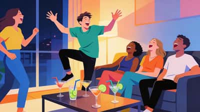 Young adults at an evening gathering playing an acting game with cocktails on the table while laughing