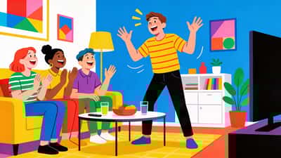 Friends playing charades in a living room, one person standing up acting something out while others guess excitedly