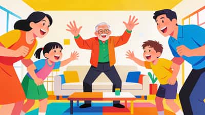 A multigenerational family playing charades together, grandparent acting something out while kids and parents guess