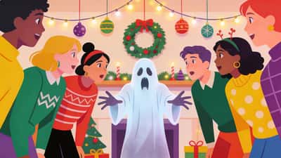 Friends playing charades at a festive holiday party with seasonal decorations