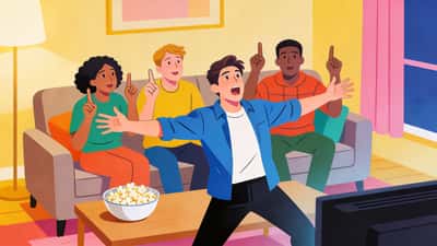 Friends acting out a movie scene in a living room with popcorn while others guess excitedly