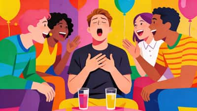 Friends at a party acting out songs, one person playing air guitar while others laugh and guess