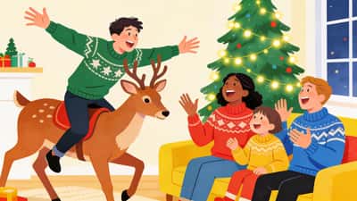 Familie spielt Scharade auf einer Weihnachtsfeier mit geschmücktem Baum, eine Person gibt vor auf einem Rentier zu reiten während andere in gemütlichen Pullovern lachen