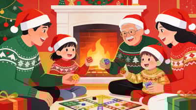Multigenerational family playing fun Christmas games by the fireplace in festive sweaters