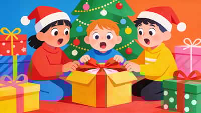 Children unwrapping a mystery present in a Christmas gift exchange game with wrapped gifts