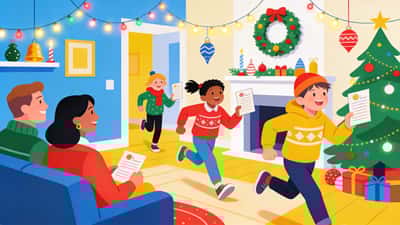 Family doing a holiday scavenger hunt around the house with Christmas decorations