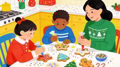 Kids and adults decorating Christmas cookies together at a kitchen table with icing