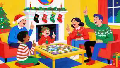 Family playing a competitive Christmas trivia game around the living room with stockings