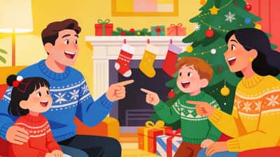 Família reunida ao redor de uma árvore de Natal debatendo perguntas hipotéticas natalinas divertidas usando suéteres aconchegantes e gorros de Papai Noel