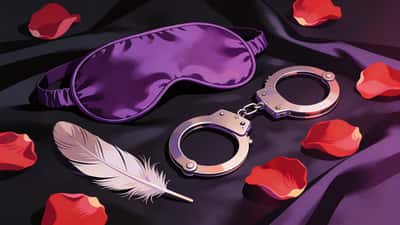 Silk blindfold, feather, handcuffs, and rose petals on dark satin sheets with dramatic moody purple and red lighting
