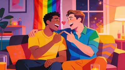 Two men on a couch at a cozy party laughing and playfully daring each other with a rainbow pride flag in the background