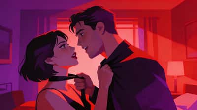 Couple in a dimly lit room with dramatic red and purple lighting, one person pulling the other close with a daring flirtatious expression