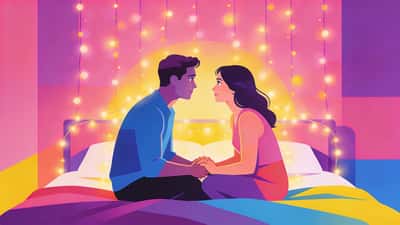 Romantic couple sitting face to face on a bed with fairy lights, holding hands and gazing into each others eyes