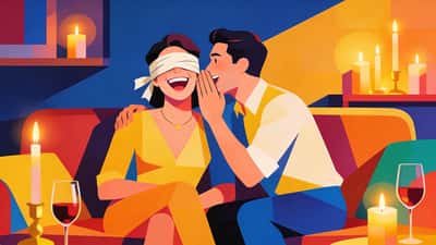 Playful couple on a couch, one person blindfolded and laughing while the other whispers something with candlelight and wine glasses