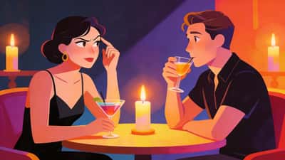 Couple sitting across from each other with cocktails, one person raising an eyebrow teasingly while the other hesitates between answering and drinking