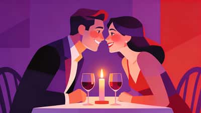 Couple at an intimate dinner with wine and dim lighting, both blushing and giggling while playing a spicy drinking game