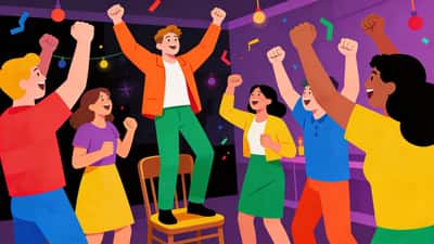 Person på en fest gjør selvsikkert en dristig konsekvens stående på en stol med armene hevet mens venner jubler vilt