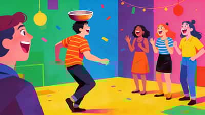 Venner på en vill fest gjør gale konsekvenser, én person balanserer noe på hodet mens andre ler hysterisk