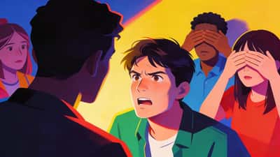 Person ser bestemt og litt redd ut overfor en vanskelig konsekvens mens venner ser på med forventning