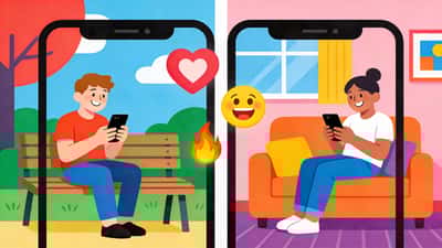 Split screen of two young people texting from different locations, both smiling at their phones with heart and fire emoji floating between them