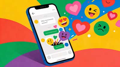 Phone screen showing a fun chat with colorful emoji reactions floating out, hearts and winking faces in a playful atmosphere