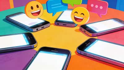 Circle of smartphones on a colorful table with laughing emoji and speech bubbles floating above them