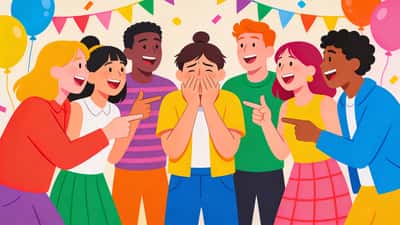 Group of friends pointing and laughing at one embarrassed but amused person in a colorful party setting