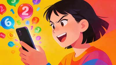 Person looking at their phone with a mischievous excited expression as colorful number bubbles float around the screen