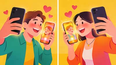 Couple in a long distance relationship video calling on their phones, both blushing and laughing with hearts floating around