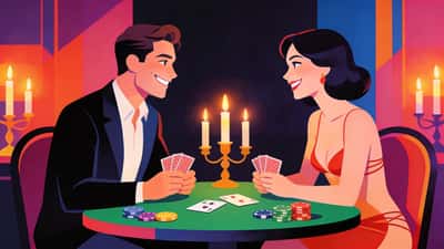 Cuplu joacă strip poker la o masă slab iluminată cu cărți și jetoane amândoi zâmbind obraznic cu lumânări