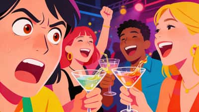 Prieteni la o petrecere joacă un joc de băut obraznic o persoană pare scandalizată în timp ce ceilalți râd cu pahare de cocktail