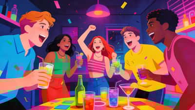 Young adults at a wild house party with colorful drinks playing adult party games with neon and mood lighting