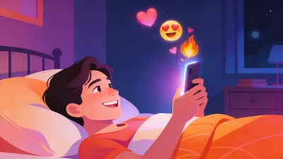 Person lying on bed at night grinning at their glowing phone screen while playing a flirty texting game with hearts floating