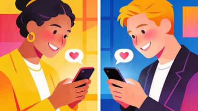 Two people texting flirty messages shown in split screen, both blushing and smiling at their phones in different locations